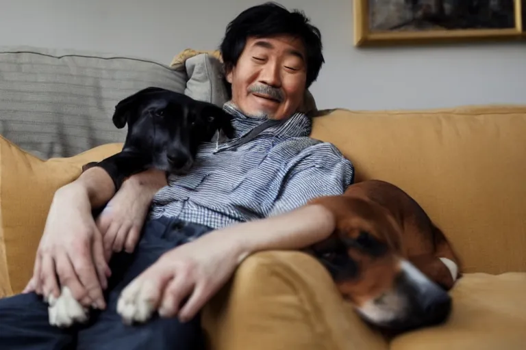 Image similar to A man leaning back on a sofa with his dog in his lap, Shinji Aramaki