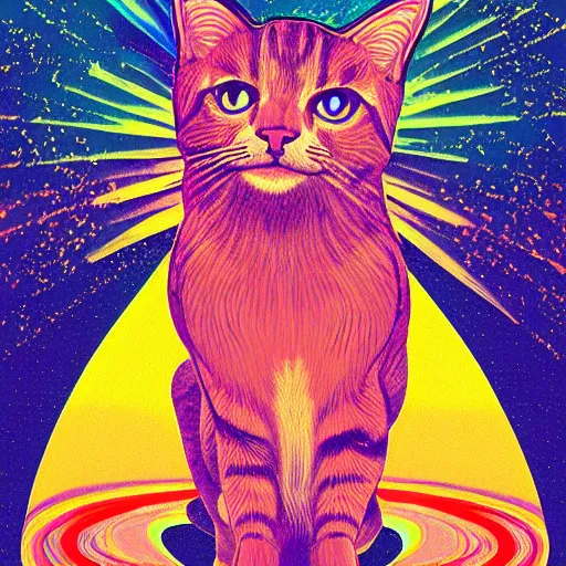 Image similar to 6 0 s hippie poster illustration of a cat made of flowing rainbows by pascal blanche and bonnie mclean and wes wilson, 8 k, artstation