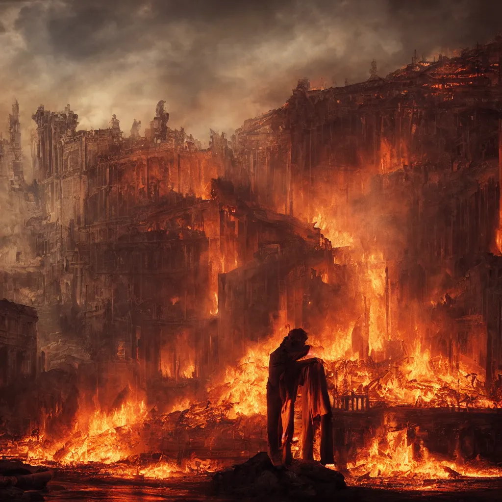 Image similar to painting of emperor nero watching the the great fire of rome, abstract, realism, 8 k, detailed, terror, octane render, complex emotion, glow, orange, beautiful, cinematic