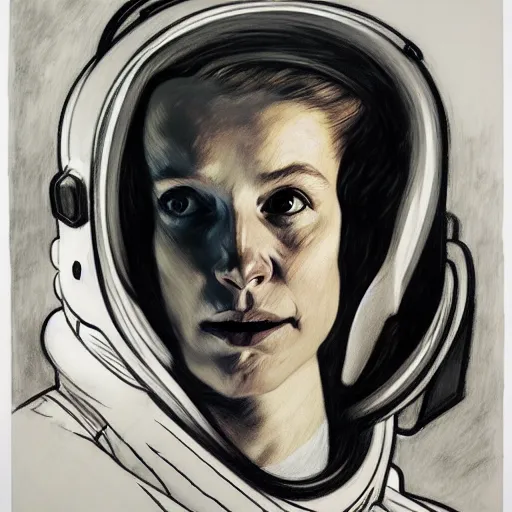 Image similar to charcoal drawing portrait of an astronaut woman in suit by edward hopper and jenny saville and raphael, darek zabrocki, alphonse mucha, simon stalenhag