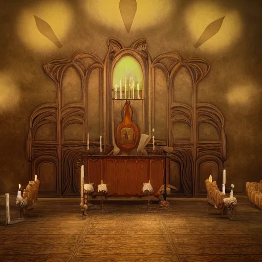 Image similar to realistic photo of an occult art nouveau room interior, old furniture, altar, candles, gloomy volumetric lights