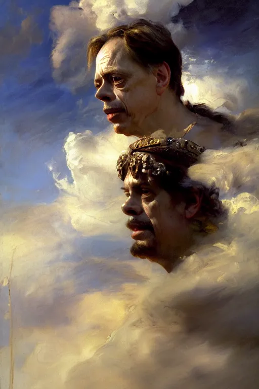 Image similar to beautiful detailed expressive impressionistic oil painting portrait of ancient roman god emperor steve buscemi ascending into the clouds wearing the civic crown, renaissance painting, art by anders zorn, wonderful masterpiece by greg rutkowski, expressive brush strokes, beautiful cinematic light, american romanticism by greg manchess, jessica rossier