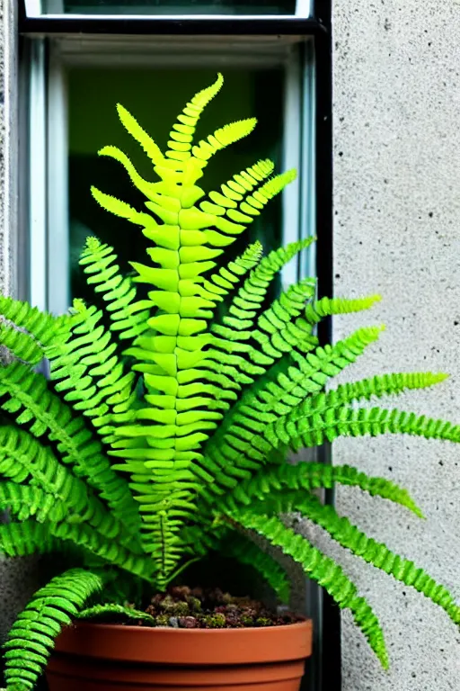 Image similar to an unknown exotic succulent fern shrubbery, a strange and weird potted plant is in a windowsill