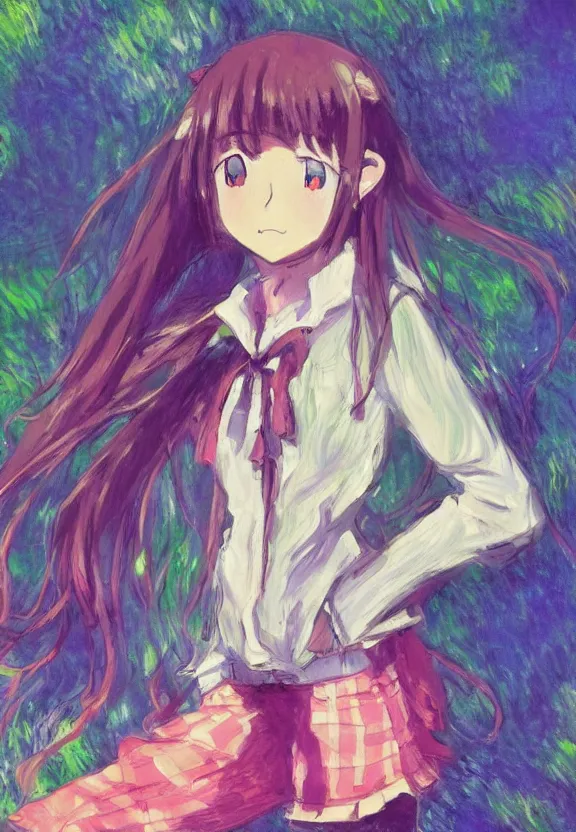 Image similar to wide angle portrait of a teenage girl, a thrifty outfit, somewhat of an anime in impressionist style, fantasy forest background, trending artwork, illustrated in anime painter studio, by claude monet and an anime artist, collaboration