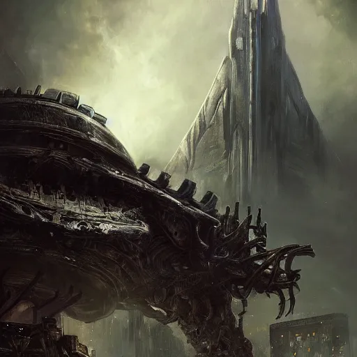 Prompt: a shadowy figure hovers above an alien temple by raymond swanland, highly detailed