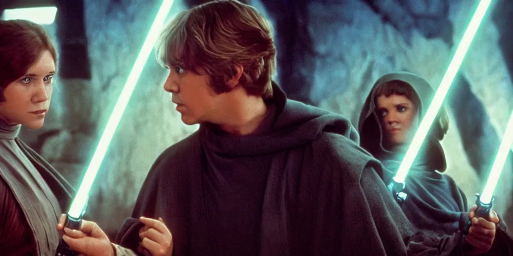 Image similar to screenshot of Luke Skywalker teaching Princess Leia the force, the two people are in a lost jedi Temple, 1970s sci fi film by Stanely Kubrick film, color kodak, Ektachrome, anamorphic lenses, detailed faces, hyper-realistic, photoreal, detailed portrait, moody cinematography, strange lighting