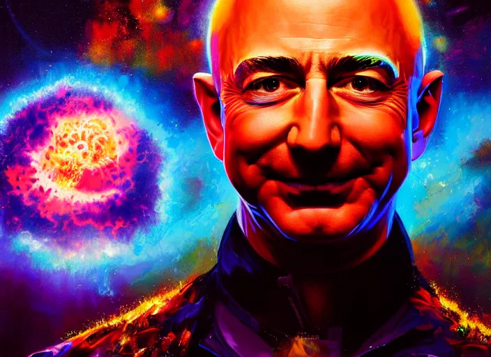 Prompt: A psychedelic portrait of evil demonic jeff bezos with while earth explodes in background , vibrant color scheme, highly detailed, in the style of romanticism, cinematic, artstation, Moebius, Greg rutkowski