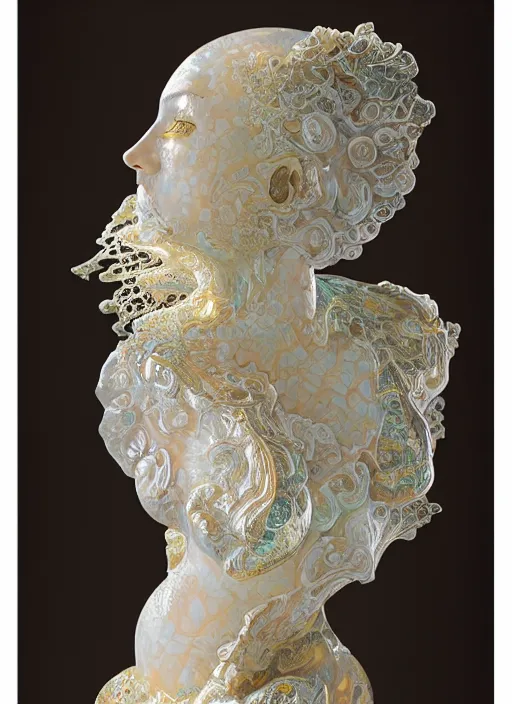 Image similar to opalescent marble sculpture of beautiful woman, glistening, mandelbulb, hypercube, ivory carving, fractal paisley inlay, lace, intricate, gold inlay, metallic, elegant, highly detailed, ivory, artgerm, lace, by ruan jia and greg rutkowski