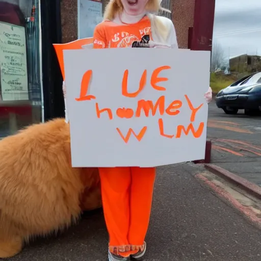 Image similar to cute orange tabby cat holds sign that says