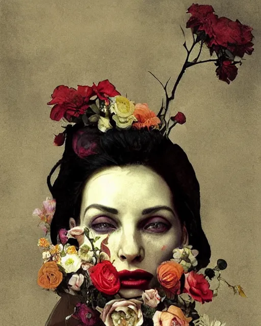 Prompt: a beautiful and eerie baroque painting of a beautiful but serious woman in layers of fear, with haunted eyes and dark hair piled on her head, 1 9 7 0 s, seventies, floral wallpaper, wilted flowers, a little blood, morning light showing injuries, delicate embellishments, painterly, offset printing technique, art by brom, robert henri