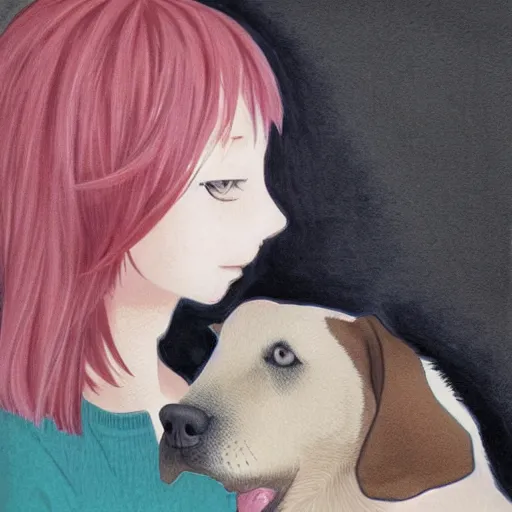 Prompt: a dog and a girl by kei toume