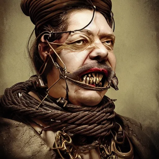 Image similar to portrait of a Shibari rope wrapped around the face and neck of an old cyborg merchant, mouth wired shut, headshot, insanely nice professional hair style, dramatic hair color, digital painting, of a old 17th century, amber jewels, baroque, ornate clothing, scifi, realistic, hyper detailed, chiaroscuro, concept art, art by Franz Hals and Jon Foster and Ayami Kojima and Amano and Karol Bak,