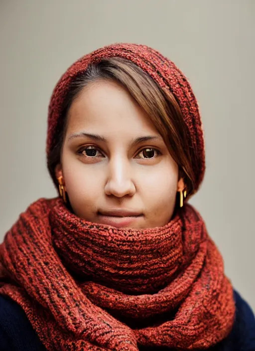 Prompt: portrait of a 2 3 year old woman, symmetrical face, scarf and golden earrings, she has the beautiful calm face of her mother, slightly smiling, ambient light