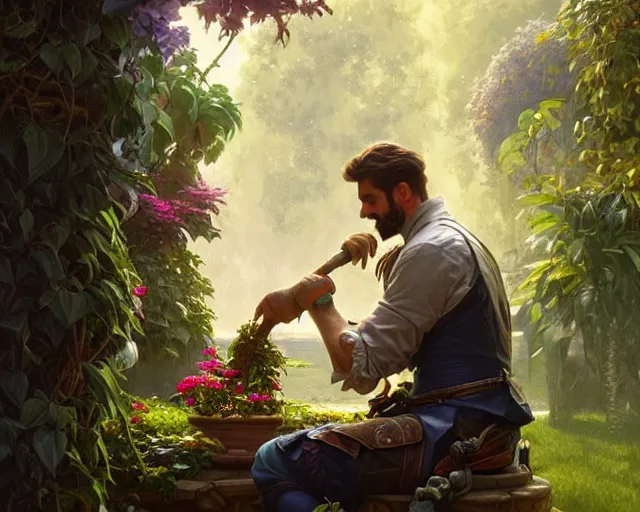 Image similar to photorealistic picture of a man gardening, deep focus, d & d, fantasy, intricate, elegant, highly detailed, digital painting, artstation, concept art, matte, sharp focus, illustration, hearthstone, art by artgerm and greg rutkowski and alphonse mucha