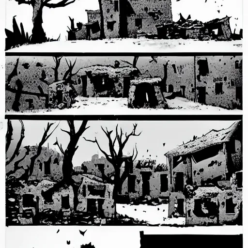 Prompt: A ruined village. Dark Fantasy, Film Noir, Black and White. High Contrast, Mike Mignola