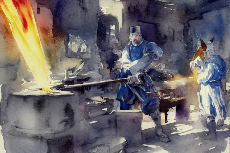 Image similar to centered on watercolor paper, paint brush strokes, smudged abstract watercolor painting of medieval blacksmith with apron, anvil, hammer, glow, forging a sword, cinematic light, national romanticism by hans dahl, by jesper ejsing, by anders zorn, by greg rutkowski, by greg manchess, by tyler edlin