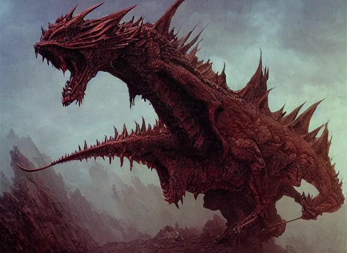 Image similar to dragon concept, dragon body, dragon head, monster hunter monster, brent hollowell, beksinski