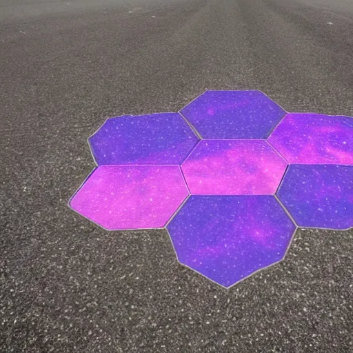 Image similar to hexagonal rhunic plane on a road with purple galaxy seeping out of the hexagons