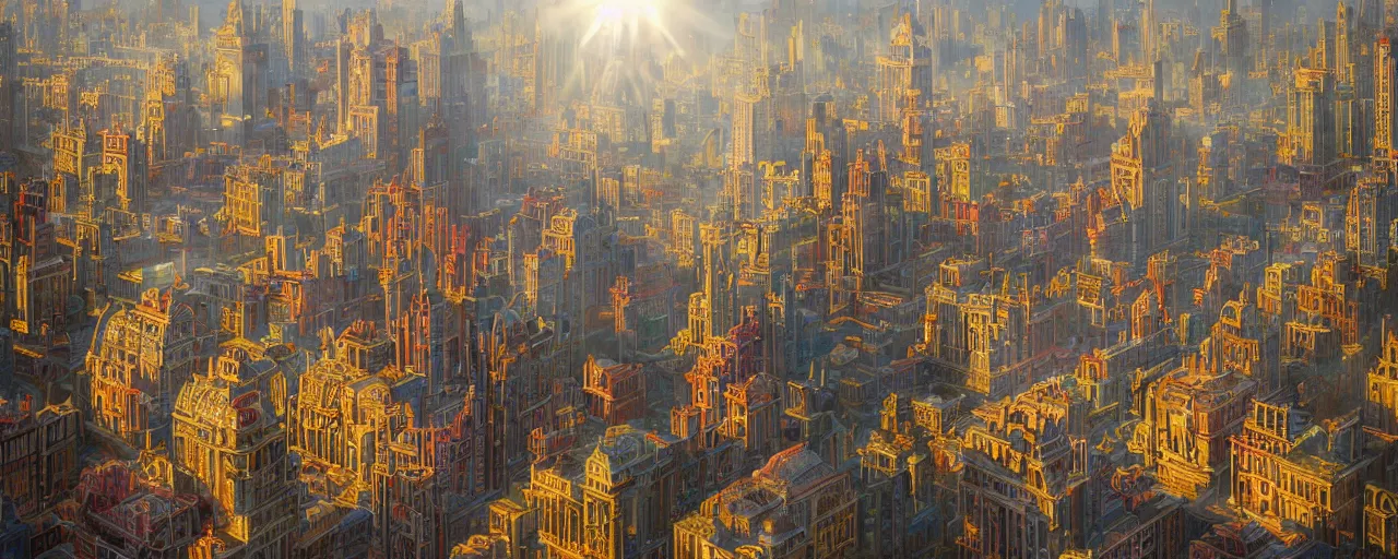 Image similar to a city made entirely out of Rubik\'s cubes, daylight, sunlight, lens flare, highly detailed, digital painting, artstation, concept art, smooth, sharp focus, 8k, photorealistic, 25mm f/1.7 ASPH Lens, ultra realistic steampunk illustration, art by greg rutkowski and alphonse mucha