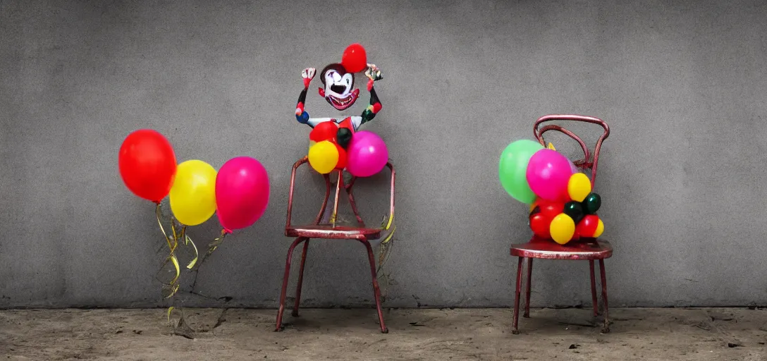 Image similar to a rusty steel chair with a smiling clown sitting on it, 4K, dark, horror, balloons,