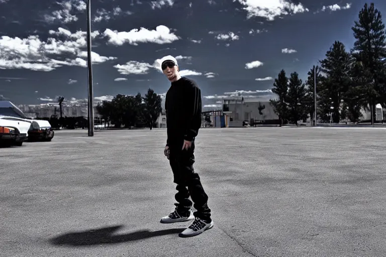 Image similar to eminem in an empty parking lot, close up shot