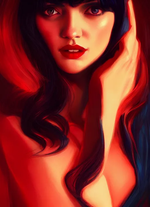 Prompt: portrait of veronica lodge with bangs, vampire, long hair, red clothes, bangs, intricate, elegant, glowing lights, highly detailed, digital painting, artstation, concept art, smooth, sharp focus, illustration, art by wlop, mars ravelo and greg rutkowski