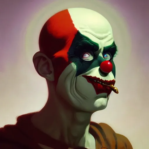 Image similar to 4k headshot portrait of Spawn clown from Macfarlane comics by Craig Mullins, ilya kuvshinov, krenz cushart, epic , artgerm trending on artstation by Edward Hopper and Dan Mumford and WLOP and Rutkovsky, beksinski carl spitzweg moebius and tuomas kocar, intricate artwork by caravaggio, Unreal Engine 5, Lumen, Nanite , 4K headshot of godlike clown with defined arms and open hands and bloody clothes with giant mandala wings , intricate face , flawless anime cel animation by Kentaro Miura, psychedelic , highly detailed upper body , professionally post-processed , beautiful, scary, symmetry accurate features, epic, octane rendered, anime masterpiece, accurate