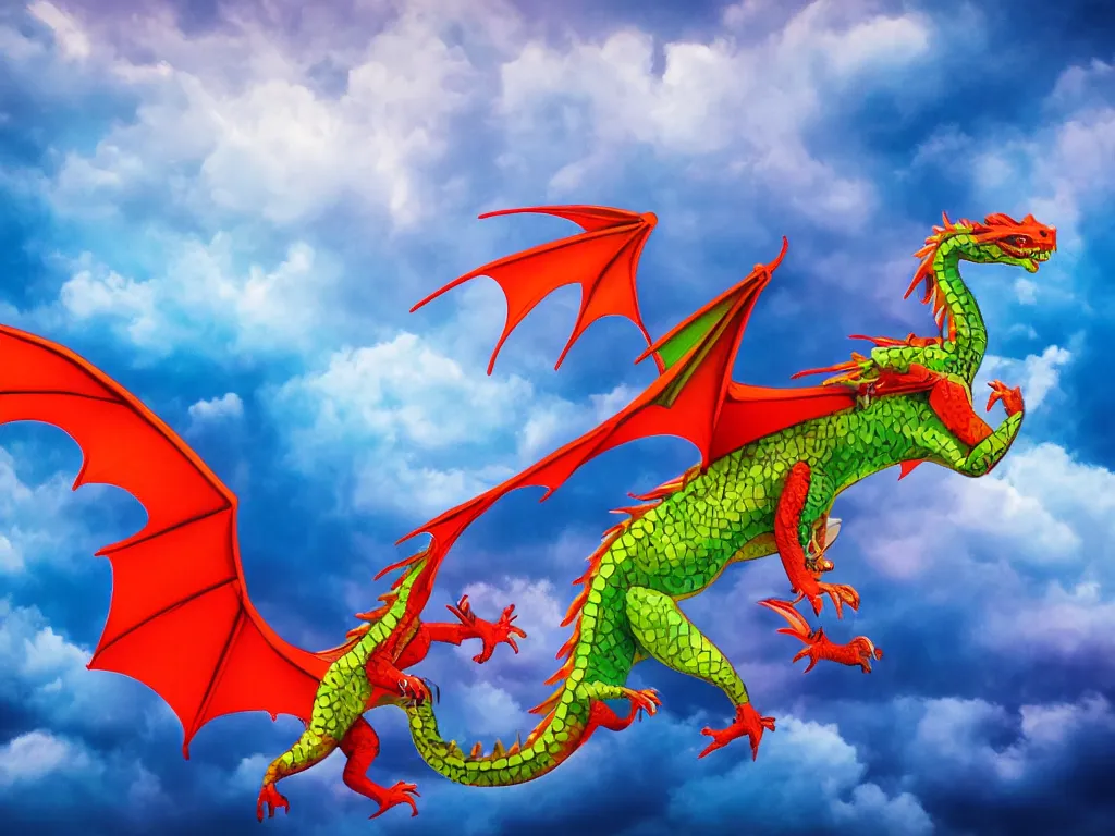 Prompt: colorful dragon spreading its wings and flying through the bright cloudy sky