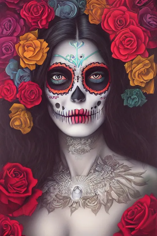 Prompt: illustration of a sugar skull day of the dead girl, art by tom bagshaw