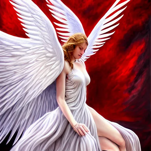 Image similar to beautiful white angel battling red winged devil, surreal, fantasy, intricate, mechanical, elegant, dramatic, highly detailed, gears, lifelike, photorealistic, digital painting, painterly, artstation, concept art, smooth, head in focus, sharp focus, background aerial battle, illustration, art by John Collier and Krenz Cushart and Artem Demura and Alphonse Mucha and Albert Aublet,