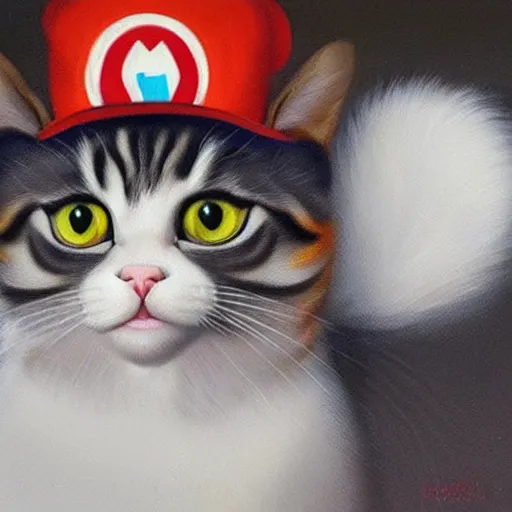 Prompt: A beautiful oil painting of a Kawaii Cat wearing a Super Mario Hat, art by michelangelo, volumetric lighting, photorealistic, highly detailed.