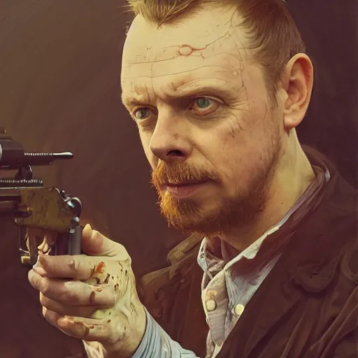 Prompt: portrait of simon pegg in the london of suburbs, winchester rifle, zombie apocalypse, joyful smirk, intricate, elegant, highly detailed, digital painting, artstation, concept art, matte, sharp focus, illustration, art by artgerm and greg rutkowski and alphonse mucha