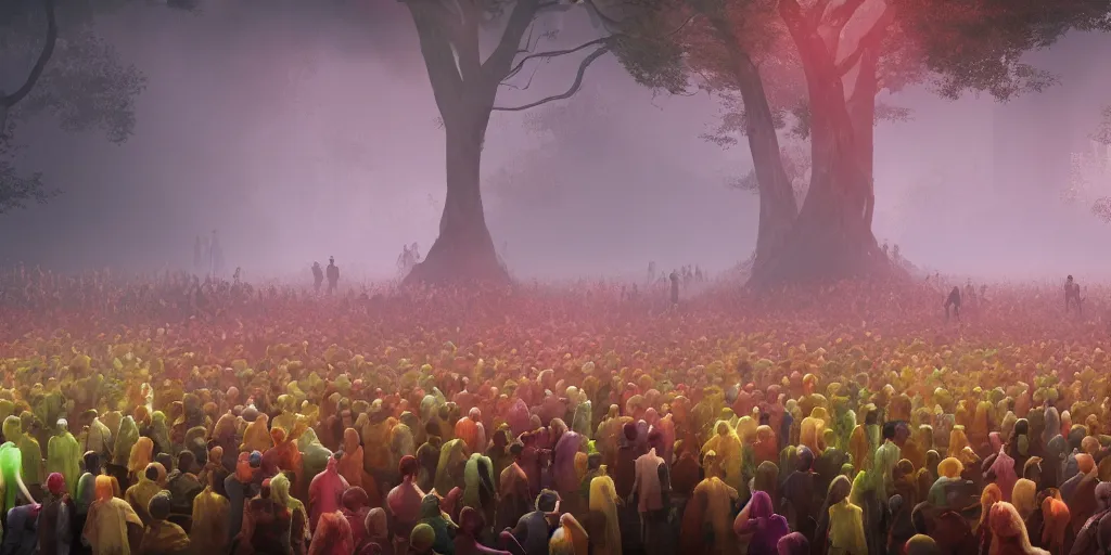 Prompt: Photorealistic crowd of lurching people made from colorful fungus approach. a gentle rising mist. occult photorealism, UHD, amazing depth, glowing, golden ratio, 3D octane cycle unreal engine 5, volumetric lighting, cinematic lighting, cgstation artstation concept art