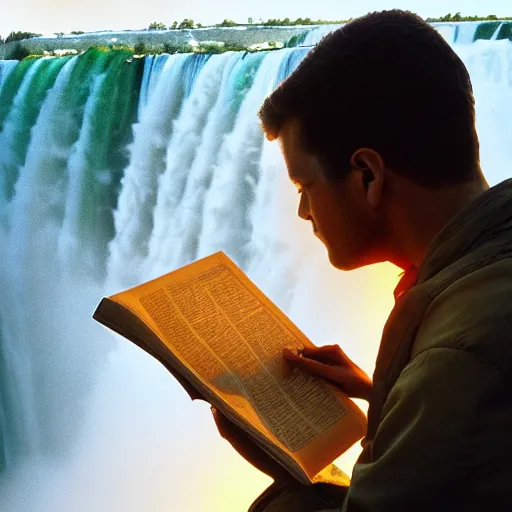 Image similar to highly detailed concept art of award winning cinematic still of close up of man reading the Bible at Niagara falls, waterfalls, colorful sunset, epic, cinematic lighting, dramatic angle, heartwarming drama directed by Steven Spielberg,