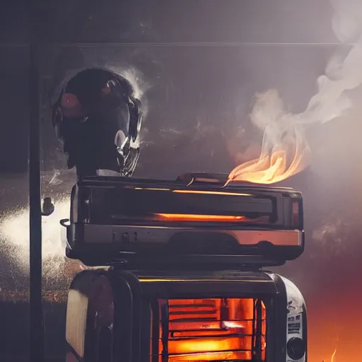 Prompt: cyborg with toaster oven chest, dark messy smoke - filled cluttered workshop, dark, dramatic lighting, orange tint, sparks, cinematic, highly detailed, sci - fi, futuristic, movie still