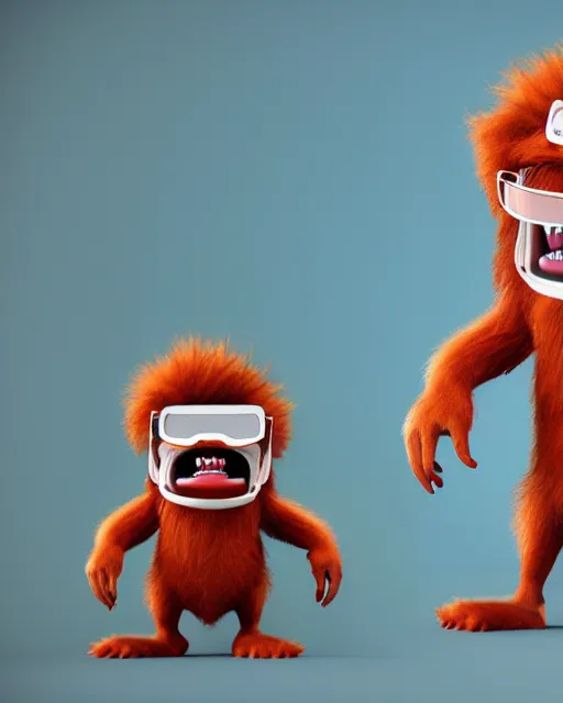 Image similar to 3 d render of completely red hairy friendly antropomorphic cartoony creature wearing white ray - ban shades, full body, simple, grin square teeth with no nose, cute, white background, unreal engine 5 hdr