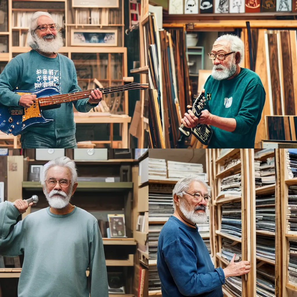 Prompt: 70 year old man with gray hair and beard, forest green sweatshirt, blue jeans, playing bass guitar in his woodblock print store in Tokyo, DSLR photo