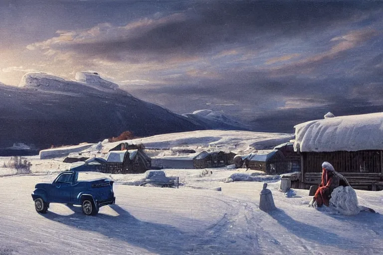 Prompt: a blue 1997 opel calibrate with a rear spoiler in northern Norway at winter by Ludwig Deutsch and Rudolf Ernst, snow and ice, low sun, cold, strong dramatic cinematic lighting, lost civilizations, smooth, sharp focus, extremely detailed