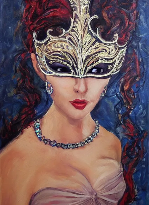 Prompt: a beautiful woman wearing an elaborate masquerade mask and matching ballgown, looking at the viewer with an alluring expression. painting by magali villanueve