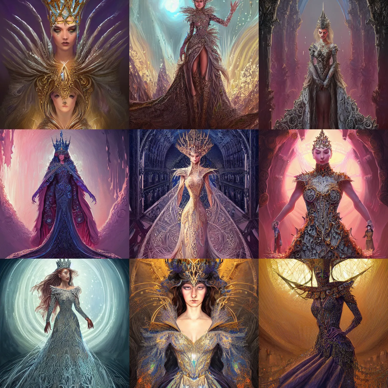 Prompt: Wizard Queen atending the MET Gala, intricate fantasy dress, fantasy, intricate, elegant, highly detailed, digital painting, smooth, sharp focus, illustration, dramatic lighting, artstation, in the style of Artgerm and Anna Podedworna and Alex Ross