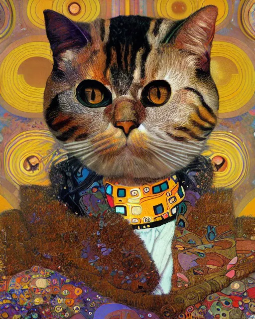Prompt: jacket cat portrait an oil painting splashes with many colors and shapes by gustav klimt greg rutkowski and alphonse mucha, polycount, generative art, psychedelic, fractalism, glitch art