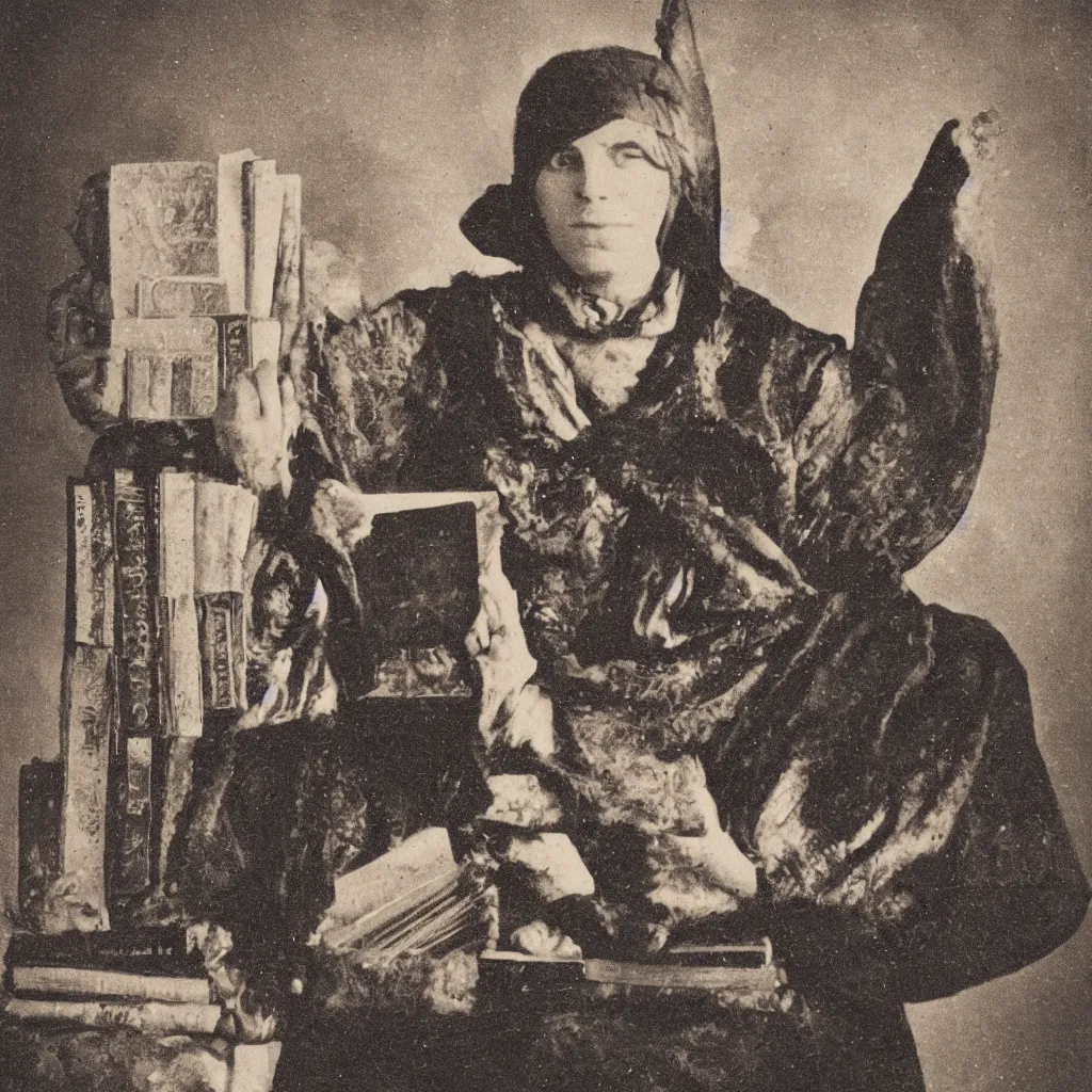 Image similar to tintype of a pagan cultist with occult books