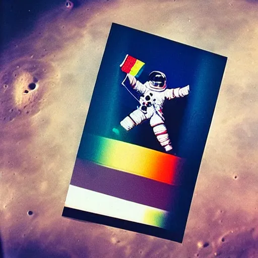 Image similar to astronaut with the lgbt flag on the moon, polaroid photo, perfect photo, photo pinterest