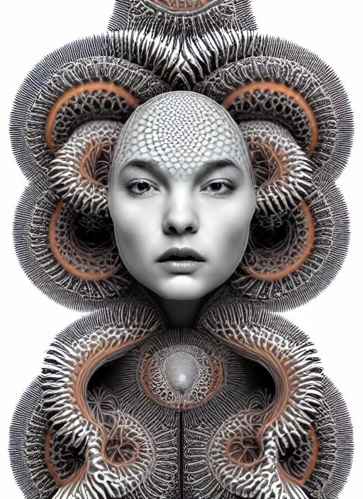 Prompt: ridiculously beautiful young womans face, radiating fractals, blooming, portals into dimensions, coral, birds, symmetrical, in the style of ernst haeckel, effervescent, sacred geometry, surrealism, photo realistic, epic and cinematic, 3 d, clear, sharp,