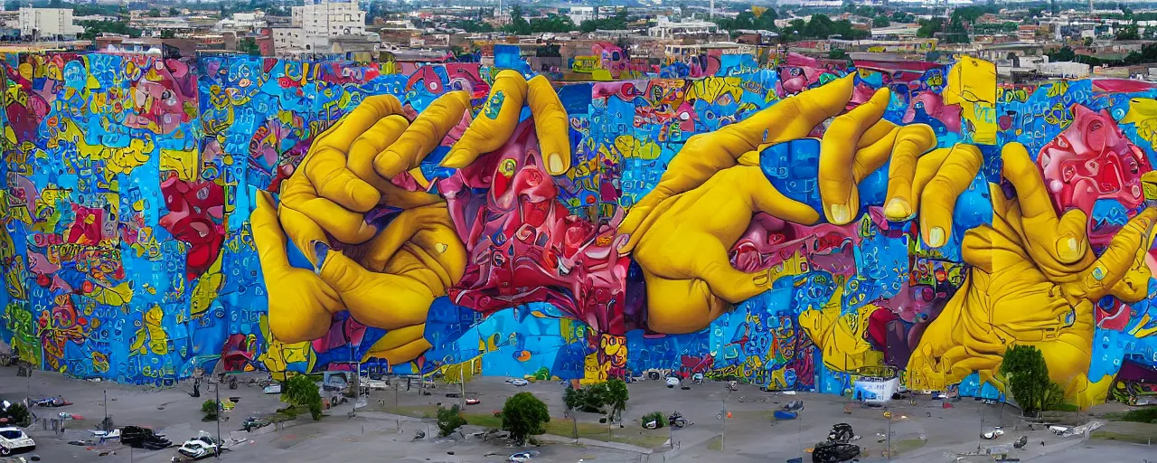 Prompt: a huge and complex mural by blu gemeos, street art style, graffiti, hyperdetailed