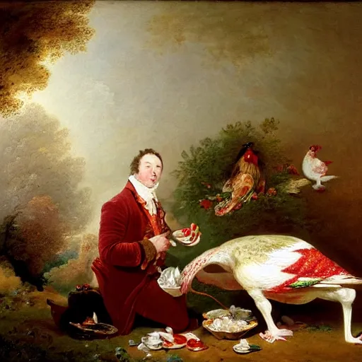 Image similar to british comedian david mitchell eats a turkey for christmas, oil on canvas, by jean honore fragonard