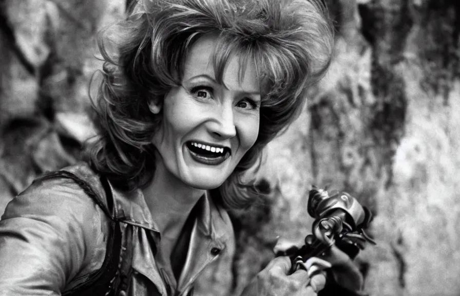 Prompt: ( jk rowling ) ( ( anita bryant ) ) laughing, heroic shot, post apocalyptic, cyberpunk