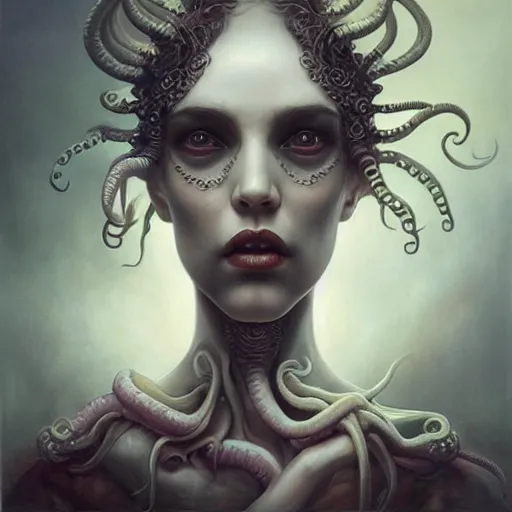 Image similar to by Tom Bagshaw, ultra realist soft painting of lovecraft curiosities, single female in a corset, tentacles, symmetry accurate features, very intricate details, focus, curvy, award winning, ultra dense fog