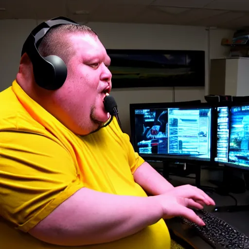Image similar to obese Frank Miller wearing a headset yelling at his monitor while playing WoW highly detailed wide angle lens 10:9 aspect ration award winning photography