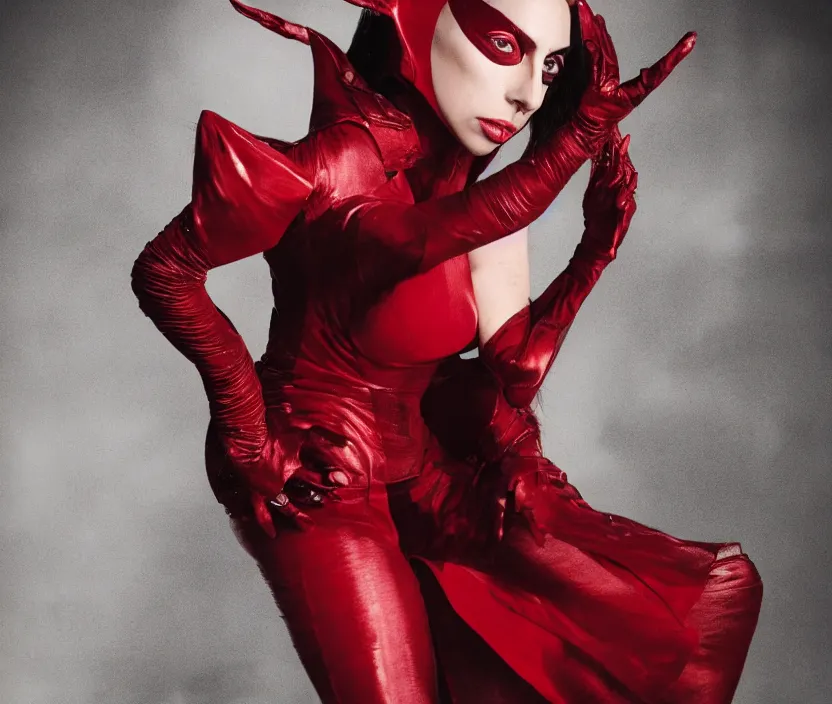 Prompt: photoshoot of lady gaga as the scarlet witch in wandavision , magazine, High resolution. Highly detailed. Dramatic. 8k.4k.